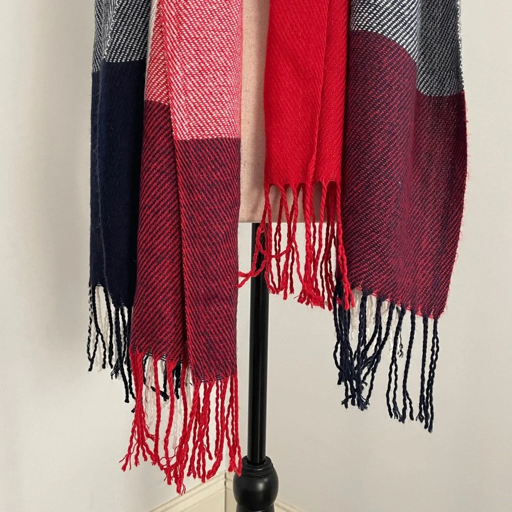 Blanket Scarf Plaid Warm‎ Winter Shawl Wrap Fringe Red Navy USA Preppy Holiday